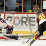 THOMAS PERRY/THE DAILY PRESS Timmins Rock captain Derek Seguin fires a shot past Cochrane Crunch goalie Zach Wickson for a goal during the first period of Game 1 of the NOJHL’s East Division best-of-three play-in series at the McIntyre Arena Saturday night. The goal gave the Rock a 1-0 lead in a game they would go on to win 5-2. Game 2 of the series will be played Sunday night at the Tim Horton Event Centre in Cochrane, with Game 3 — if necessary — back at the McIntyre Arena Wednesday night.